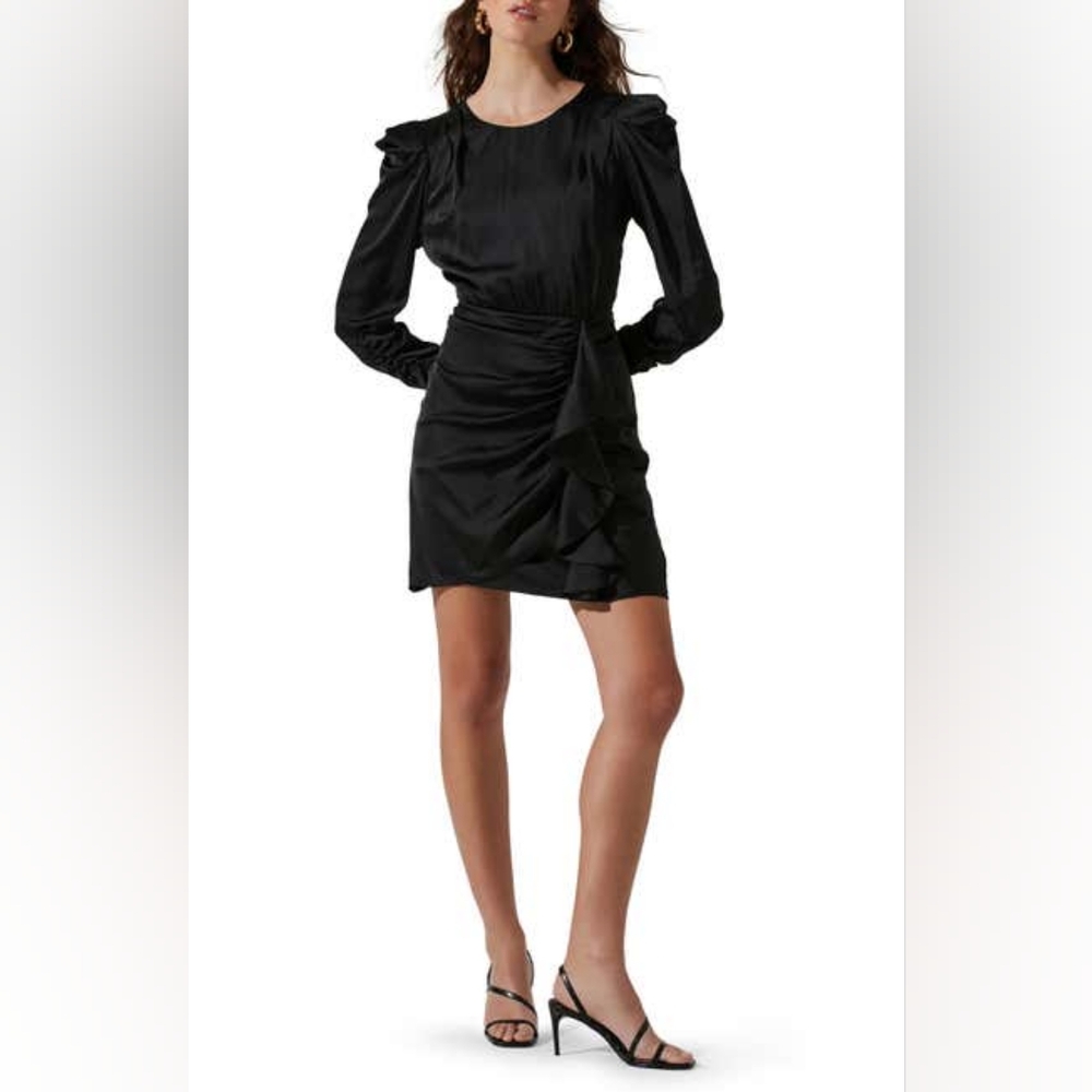 ASTR the Label Cascade Ruffle Long Sleeve Satin Dress, Large, BLACK